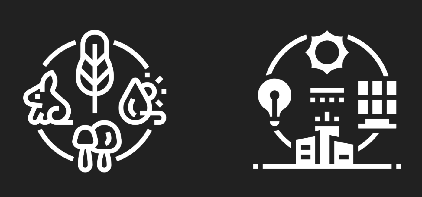 Diagrams showing natural and human-built 'ecosystems'. 