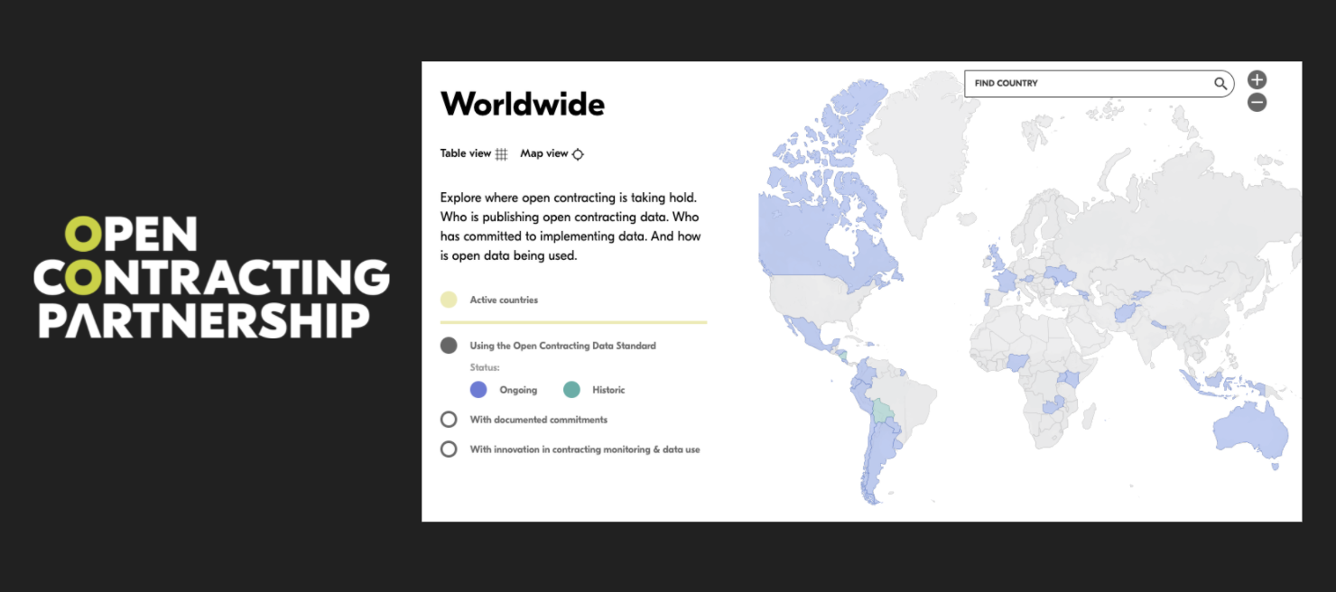 Screenshot of Open Contracting Partnership worldwide map from https://www.open-contracting.org