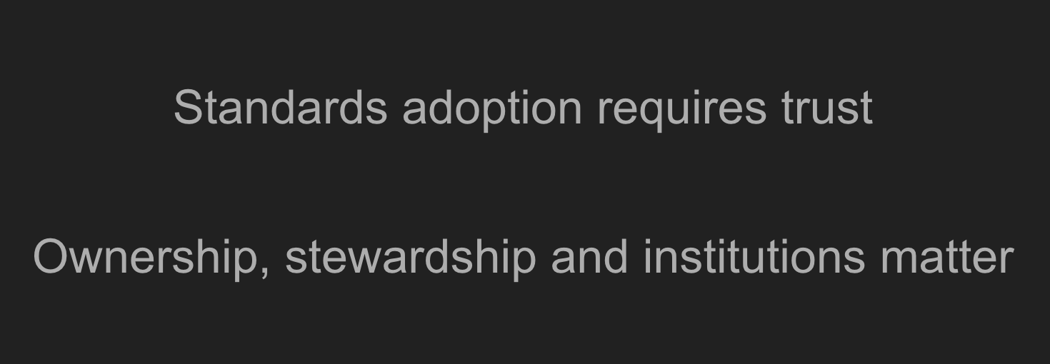 Standards adoption requires trust. Ownership, stewardship and institutions matter